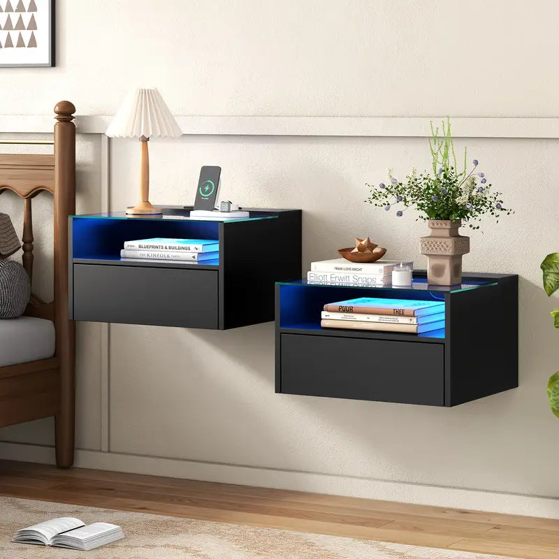 Set of 2 Wall Mounted Floating Nightstand With Charging Station