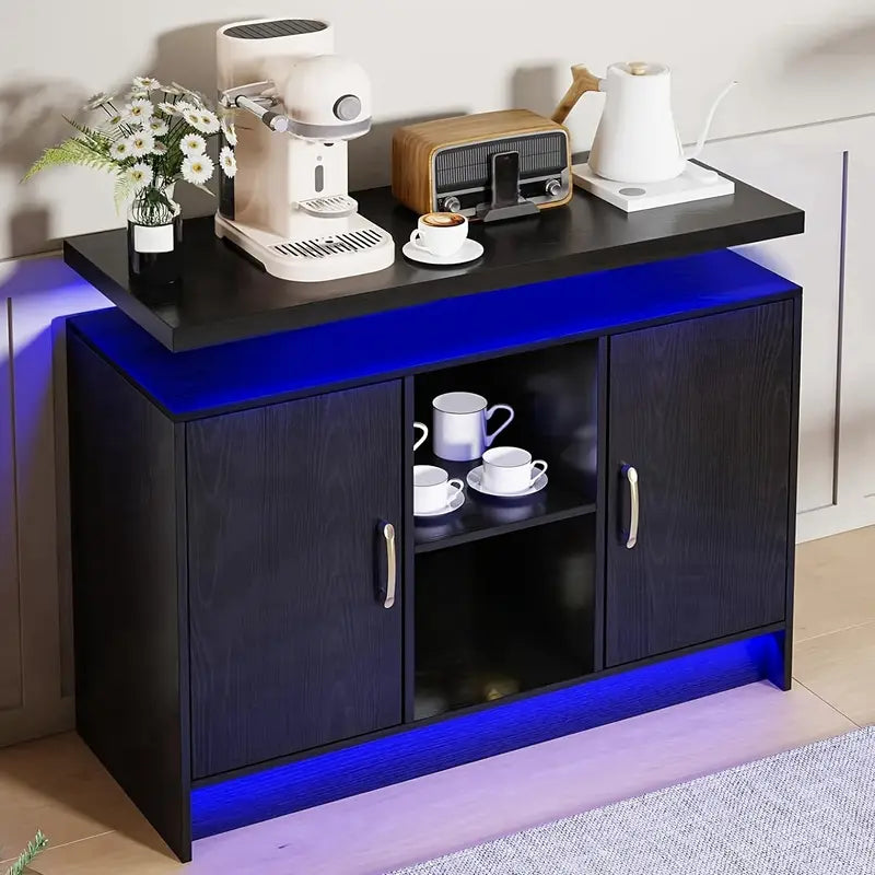 LED Coffee Cabinet with Storage and Charging Station