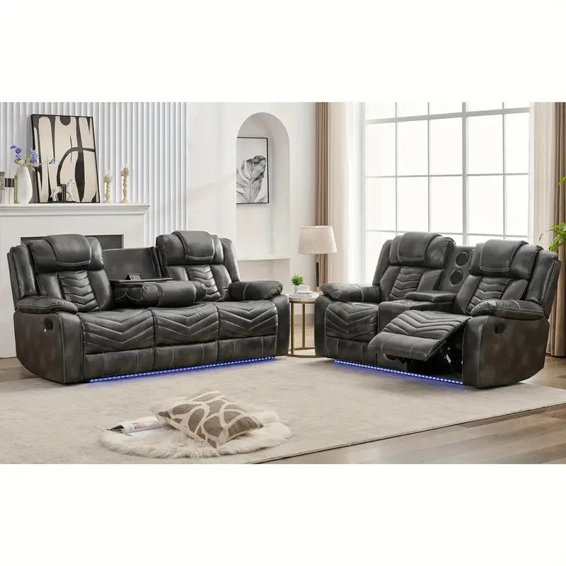 Recliner Sofa Set with Wireless Charger for Living Room, Leather 3 Seater Reclining Sofa and Loveseat