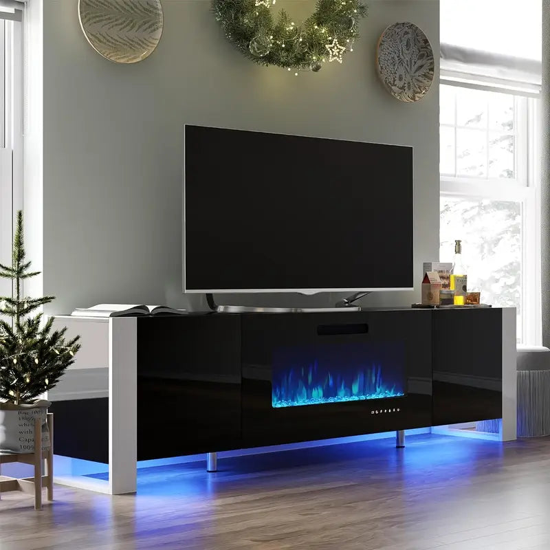 Sleek 70'' Entertainment center with built in Electric Fireplace, Glass Doors & LED lighting