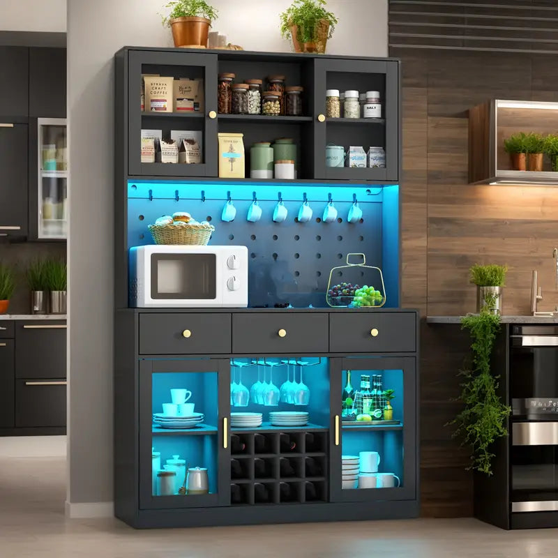 Modern Kitchen Pantry Cabinet with Glass Door & Drawer - USB-Powered