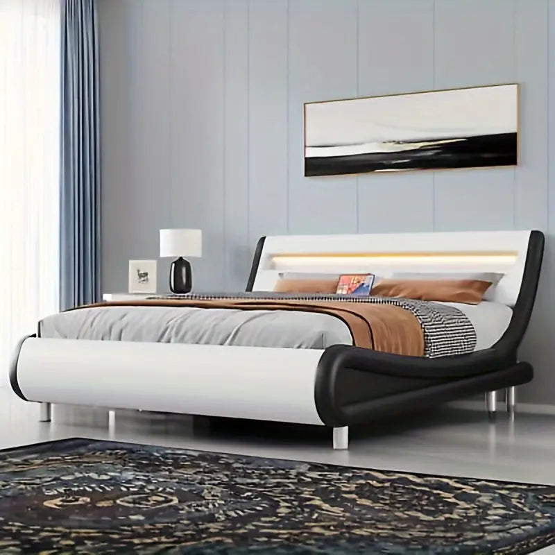 Queen Size Bed Frame with Charging Station and Ergonomic Headboard