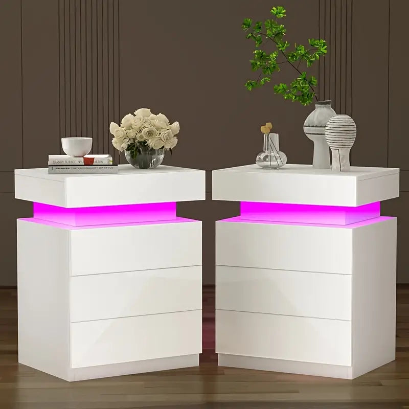 3 Drawer LED High Gloss Nightstand Tables (2)