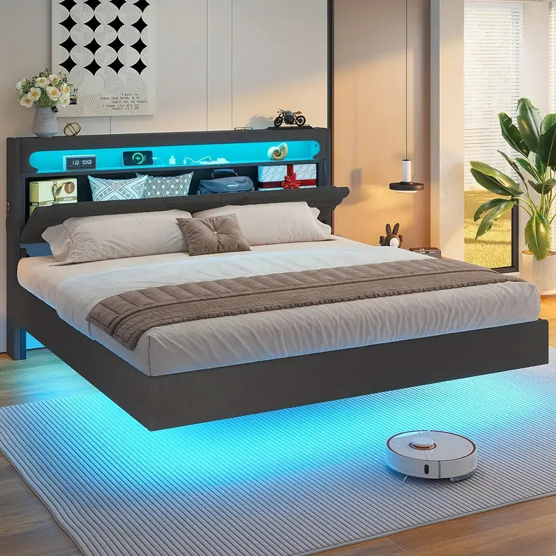King Size Floating Bed Frame With Led Lights & Hidden Storage