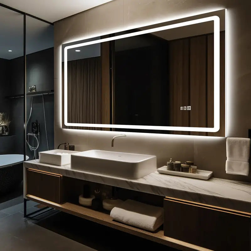 Silver Rectangle LED Bathroom Mirror - Anti-Fog, Waterproof, Wall Mounted Vanity Mirror with LED Lighting