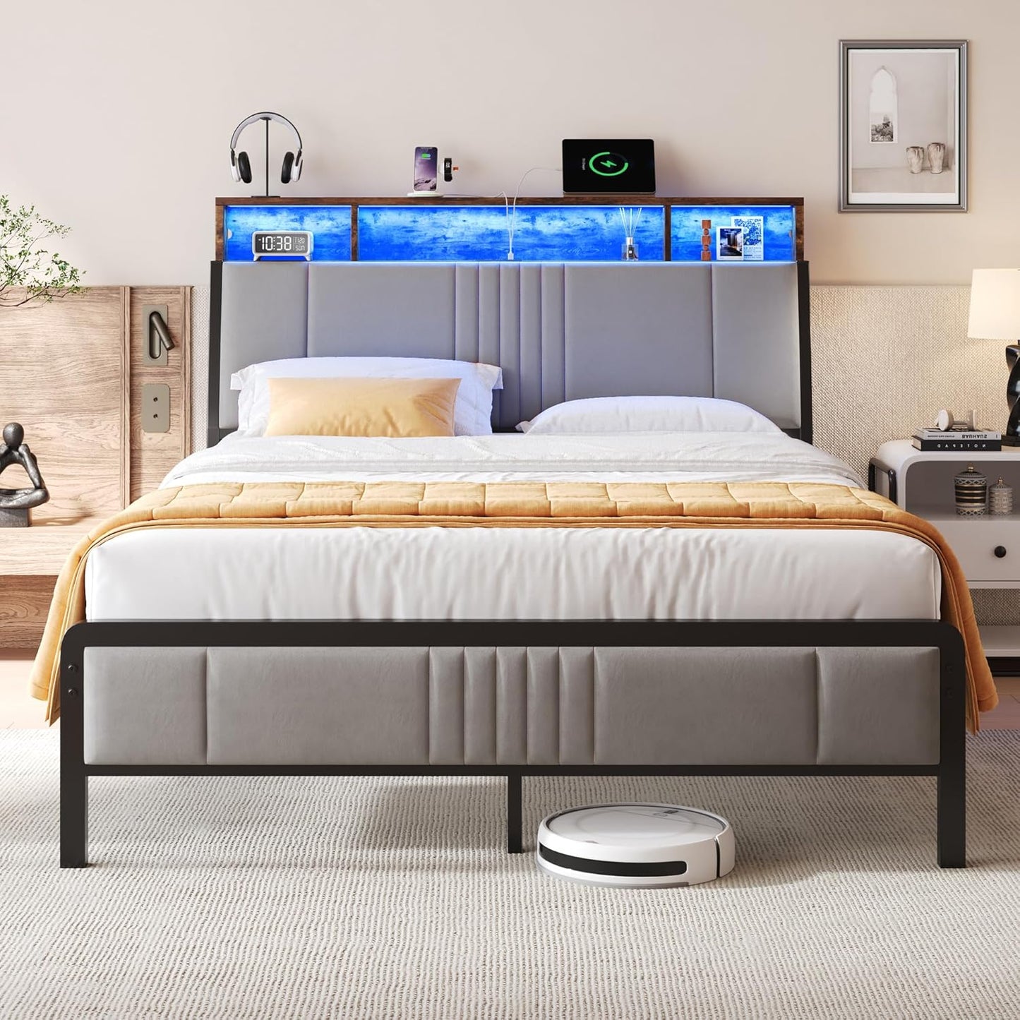 Queen Size Bed Frame with Storage Headboard and Charging Station