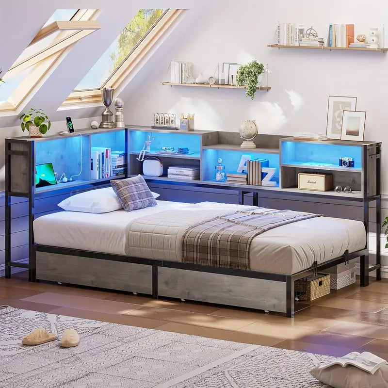 Metal Twin Size Gray Corner Bed Frame with 2 Drawers, Bookcase Storage, LED Lights & Charging Station