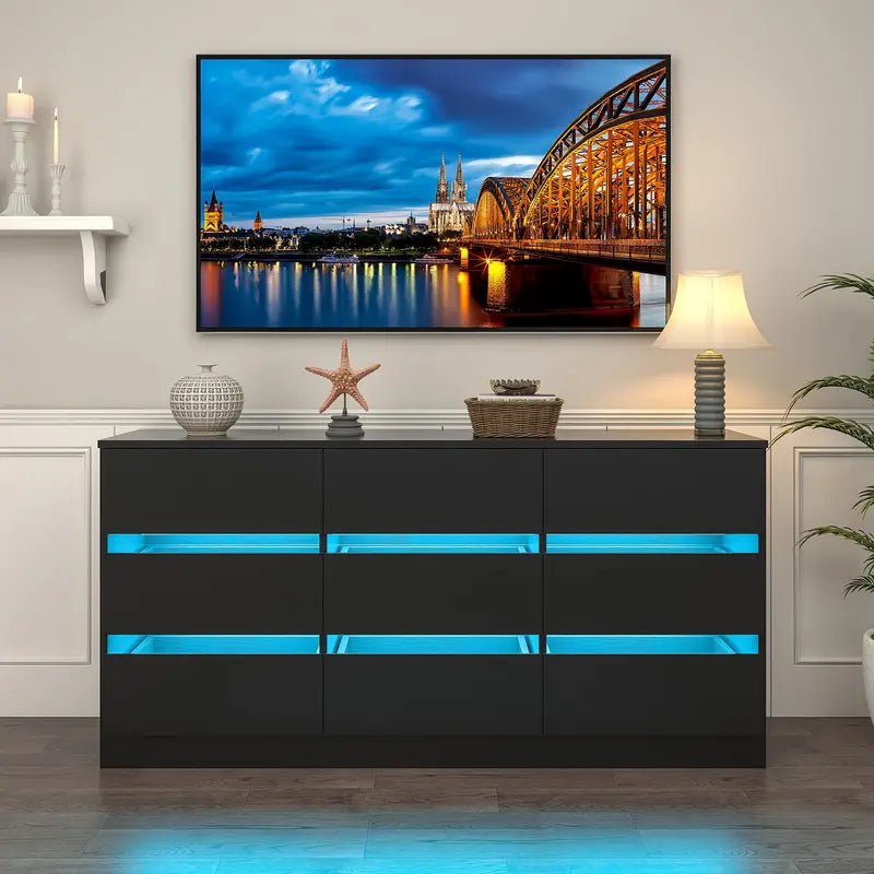 9 Drawer Modern Dresser With LED Light & Spacious Storage (Black)