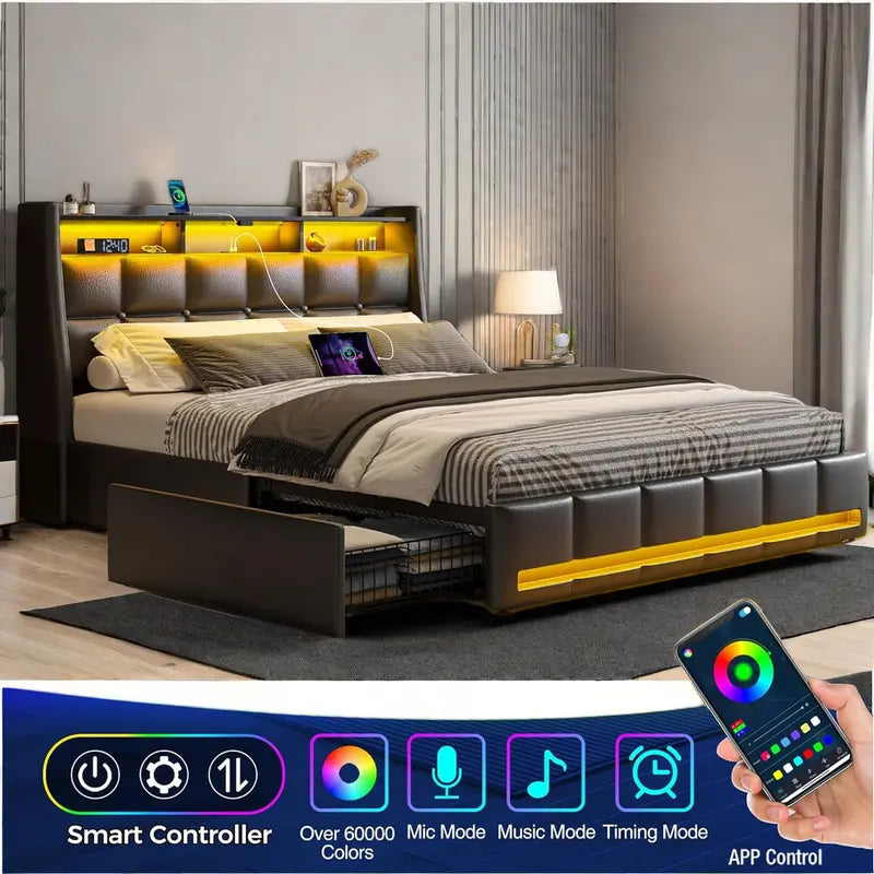 Queen Bed Frame with LED Lighting, Built-in Charging Station