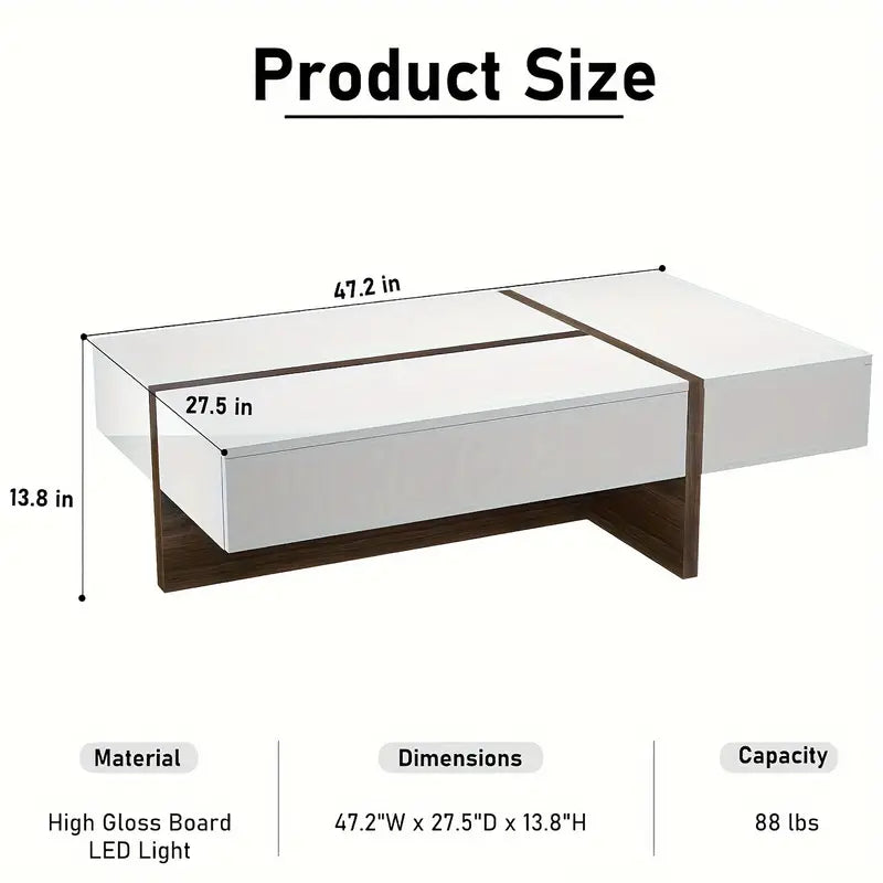 Rectangular Coffee Table With LED Light And Storage Drawers