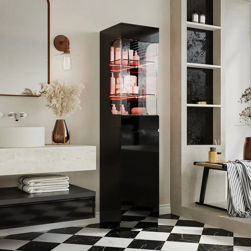 70.8'' Tall Modern LED Storage Cabinet With Adjustable LED Lighting & Tempered Glass Doors