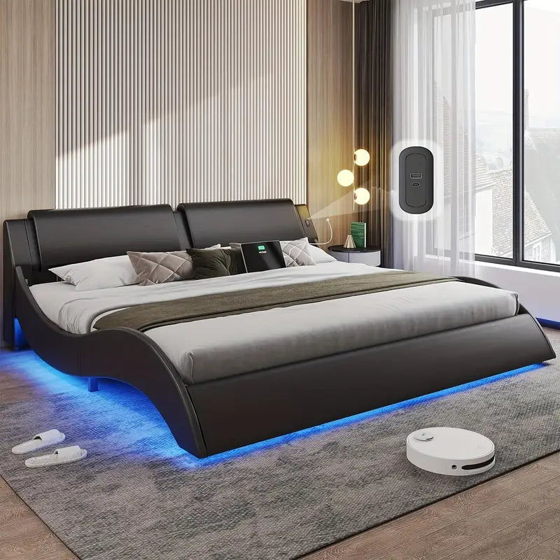 King Size LED Bed Frame Faux Leather Wave Desing