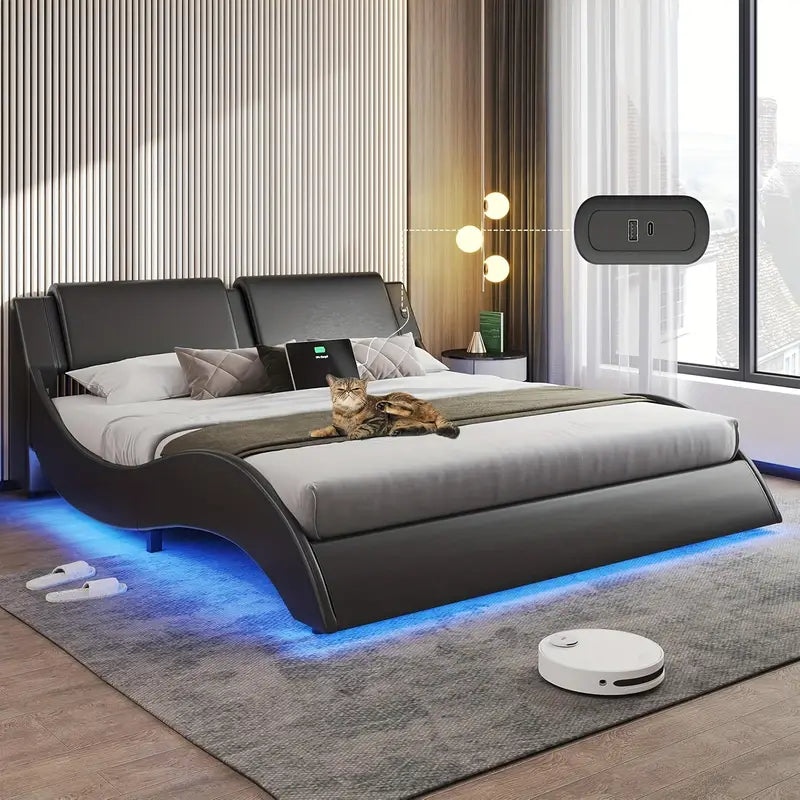 Queen Size LED Bed Frame Faux Leather Wave Desing