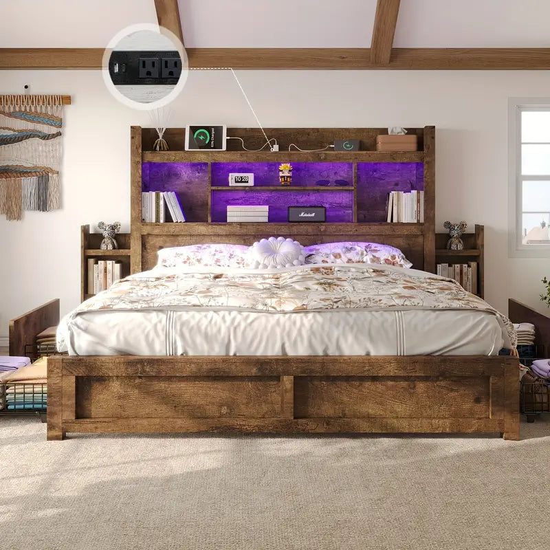 Full Size Farmhouse Rustic Brown Bed Frame With 4 Storage Drawers & Tall LED Bookcase Headboard