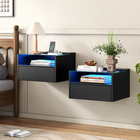 Set of 2 Wall Mounted Floating Nightstand With Charging Station