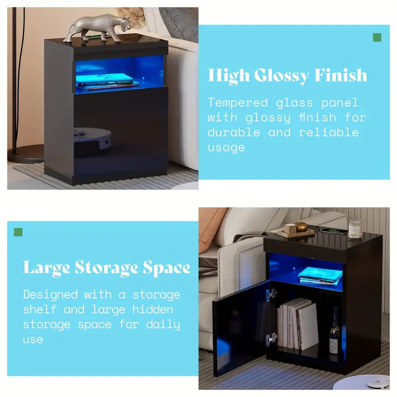 Set of 2, LED Nightstand with Wireless Charging Station