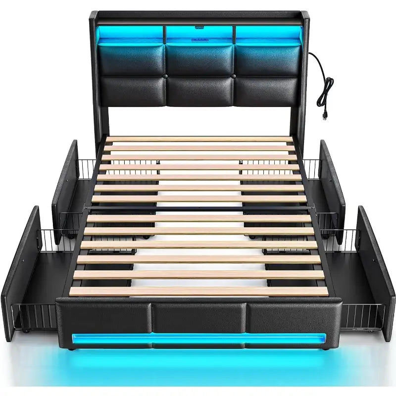 Queen Bed Frame with LED Lighting, Built-in Charging Station