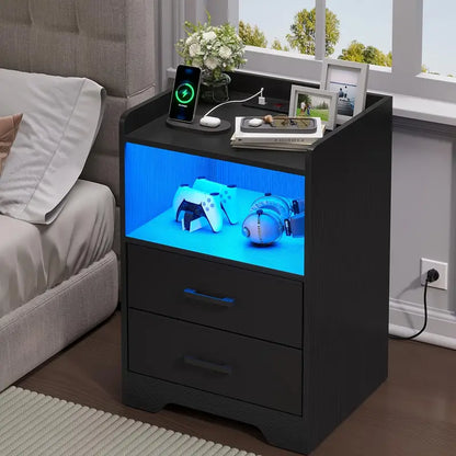 Set Of 2 LED Nightstands With Charging Station