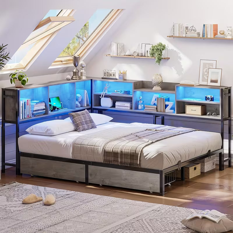 Full Size Corner Bed Frame with Built-in Storage Drawers, USB Charging Station & LED Lighting