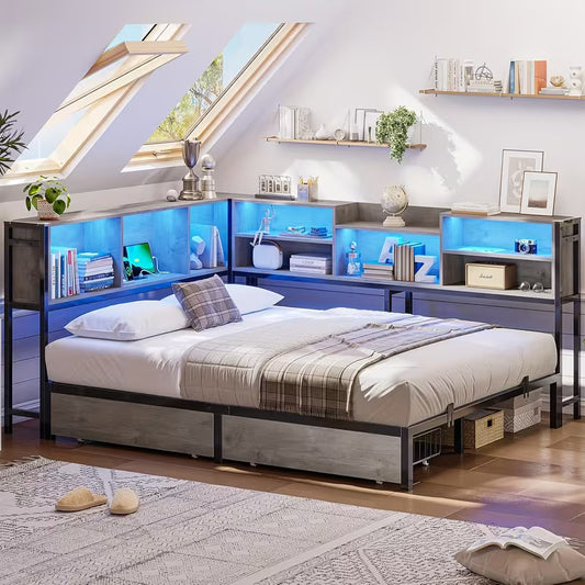 Full Size Corner Bed Frame with Built-in Storage Drawers, USB Charging Station & LED Lighting