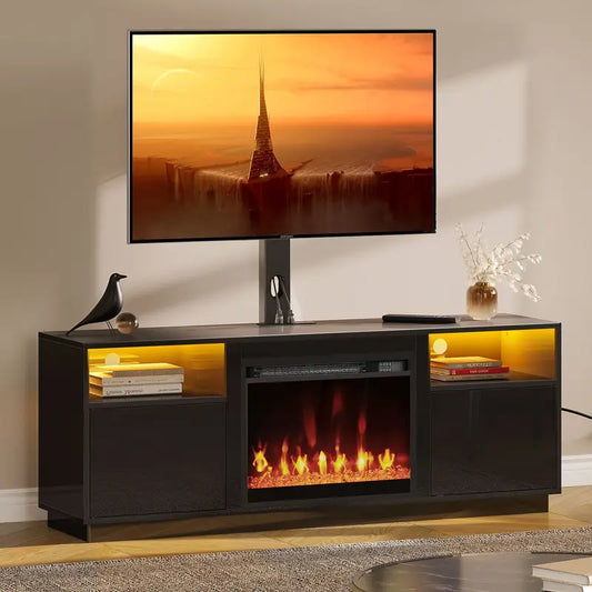 Modern Electric Fireplace TV Stand with Realistic Flame Effect With Swivel & Height-Adjustable Design, Built-In Power Outlets