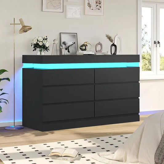 6-Drawer Modern Dresser With Power Outlet & LED Lighting