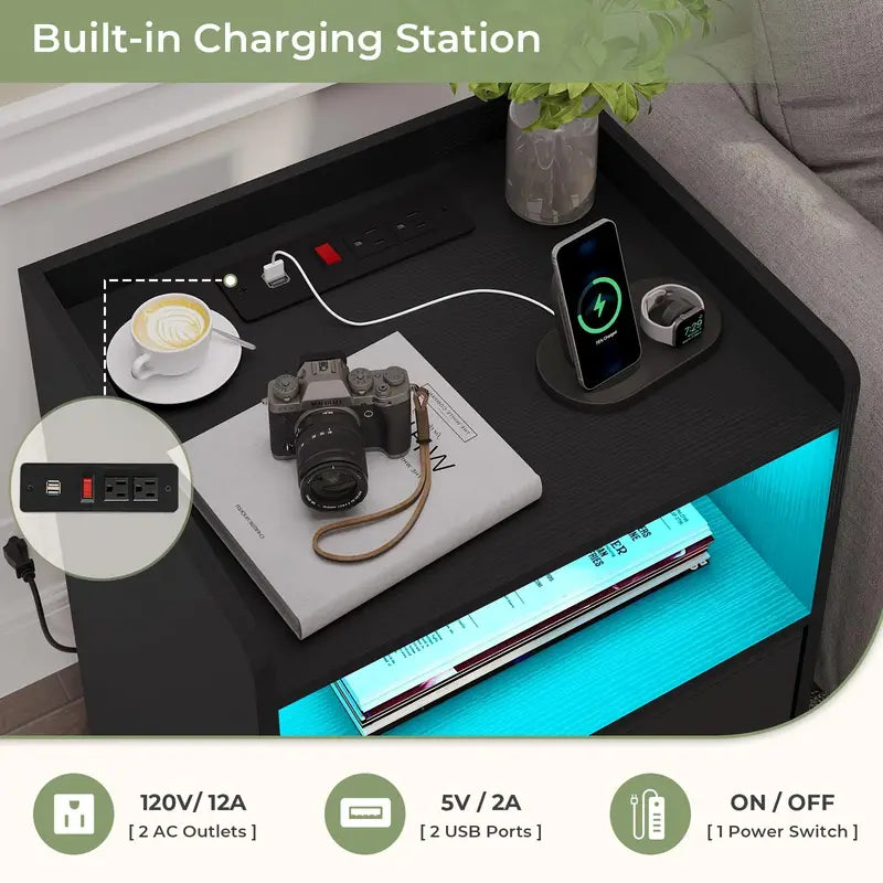 Set Of 2 LED Nightstands With Charging Station