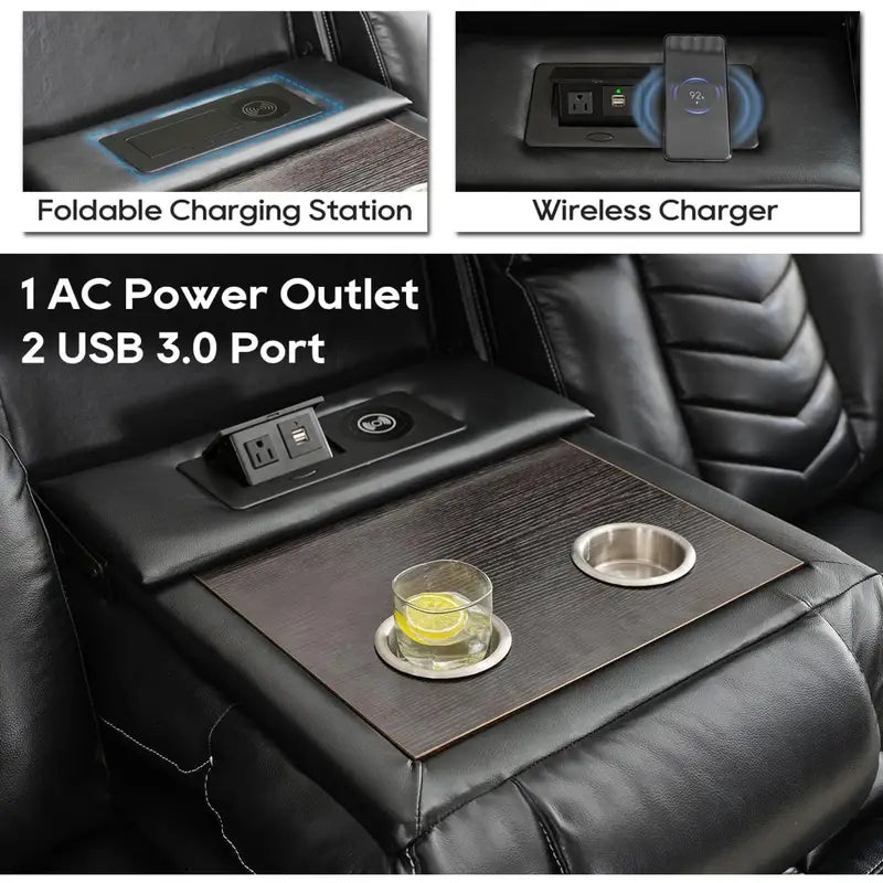 Recliner Sofa Set with Wireless Charger for Living Room, Leather 3 Seater Reclining Sofa and Loveseat