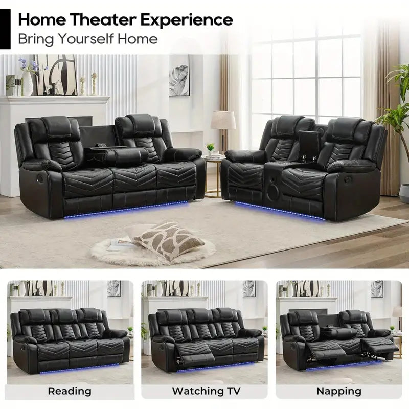 Recliner Sofa Set with Wireless Charger for Living Room, Leather 3 Seater Reclining Sofa and Loveseat