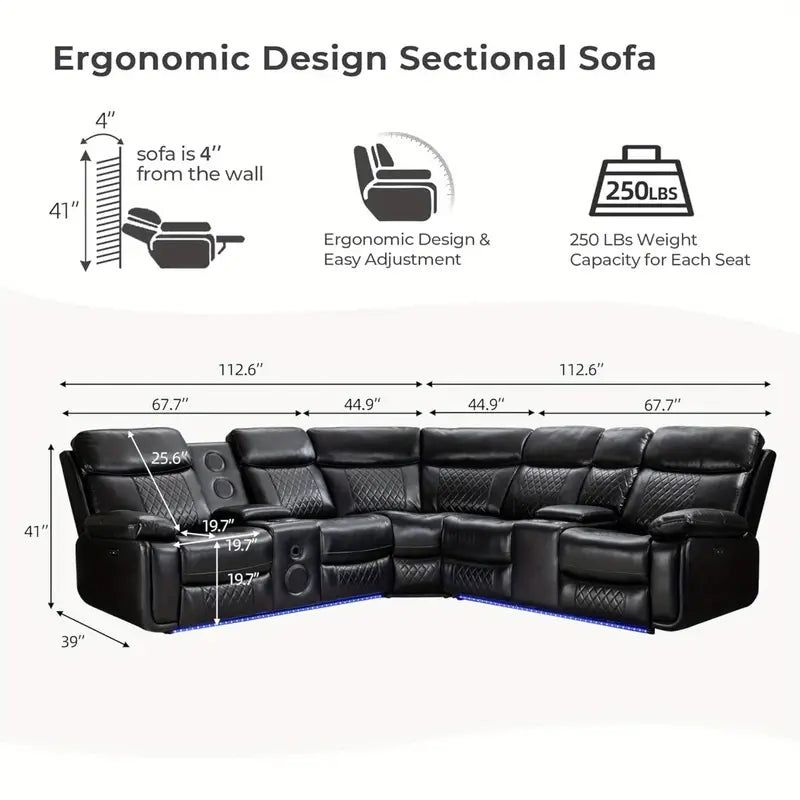 Power Reclining Sectional Recliner With Bass Speaker LED Light