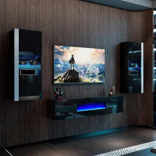 68" Floating Fireplace TV Stand & 2 LED Wall Cabinets