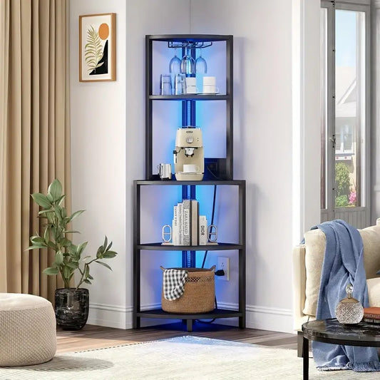 Corner Shelf with Power Outlets & LED Lights & Glass Holder