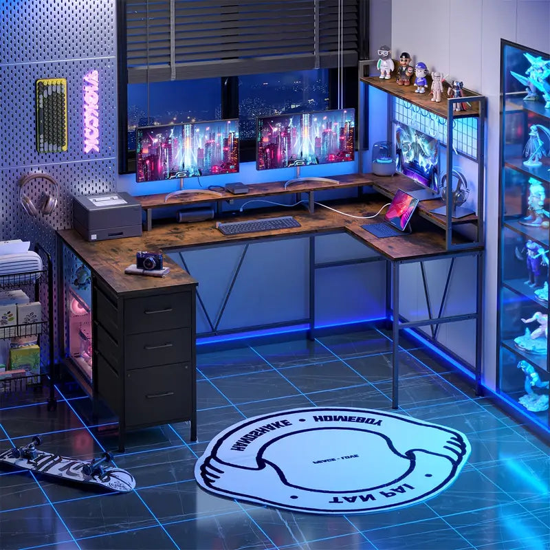 Reversible Gaming Desk with Charging Station & Drawers