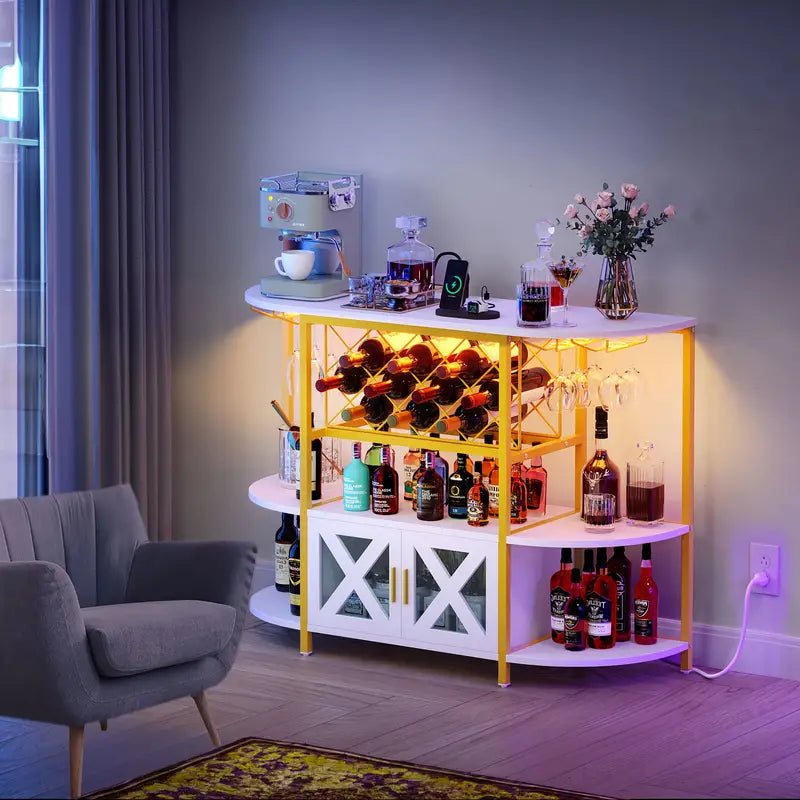 LED Coffee Bar Table Cabinet with Liquor & Wine Storage
