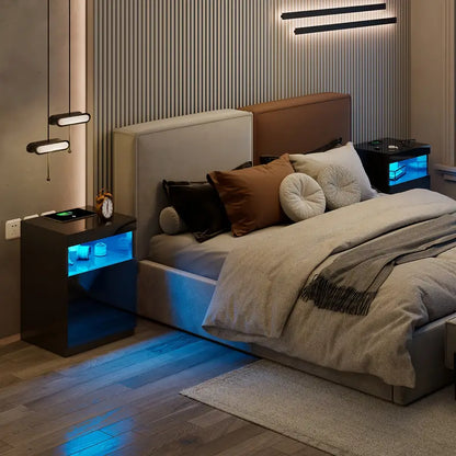 Set of 2, LED Nightstand with Wireless Charging Station