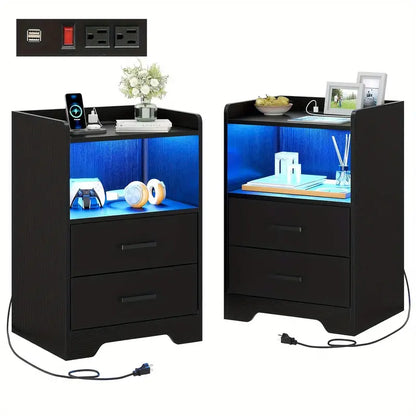 Set Of 2 LED Nightstands With Charging Station