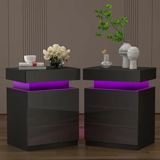 3 Drawer LED High Gloss Nightstand Tables (2)
