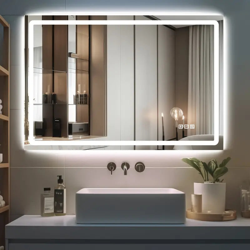 Silver Rectangle LED Bathroom Mirror - Anti-Fog, Waterproof, Wall Mounted Vanity Mirror with LED Lighting
