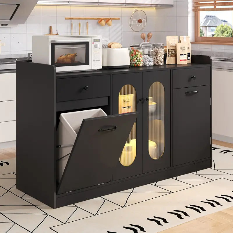 54'' Large Mobile Kitchen Island with Trash Can Storage, LED lights, 2 Drawers & Adjustable Shelves