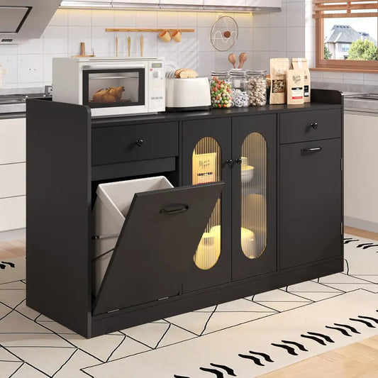 54'' Large Mobile Kitchen Island with Trash Can Storage, LED lights, 2 Drawers & Adjustable Shelves