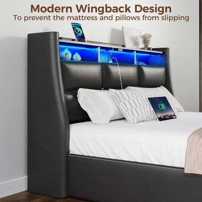 Queen Bed Frame with LED Lighting, Built-in Charging Station
