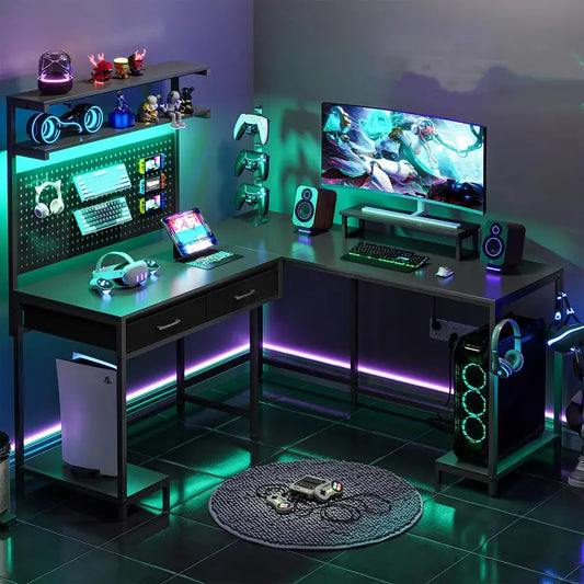 Black L-Shaped Gaming Desk with LED Lights