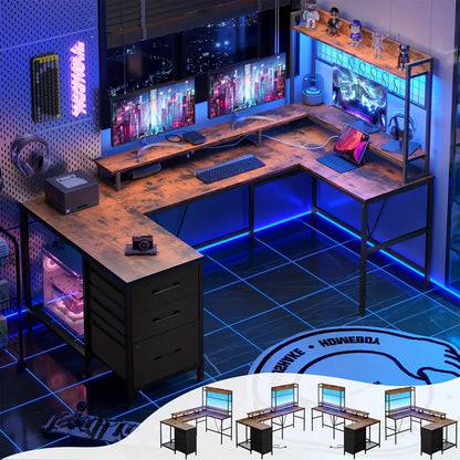 Reversible Gaming Desk with Charging Station & Drawers