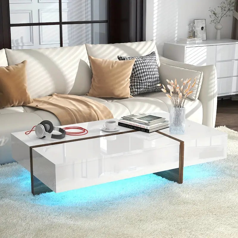 Rectangular Coffee Table With LED Light And Storage Drawers