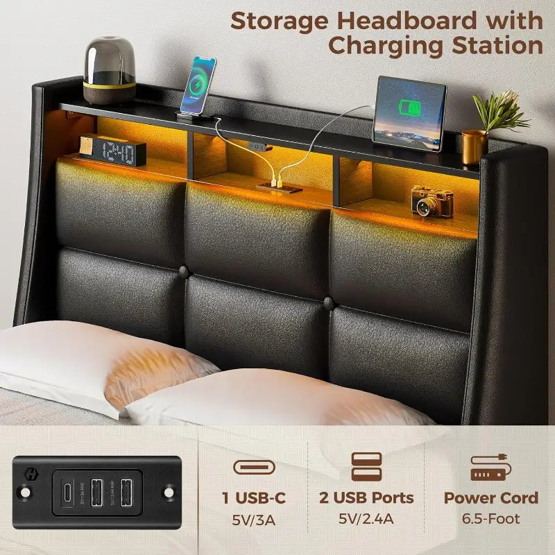 Queen Bed Frame with LED Lighting, Built-in Charging Station