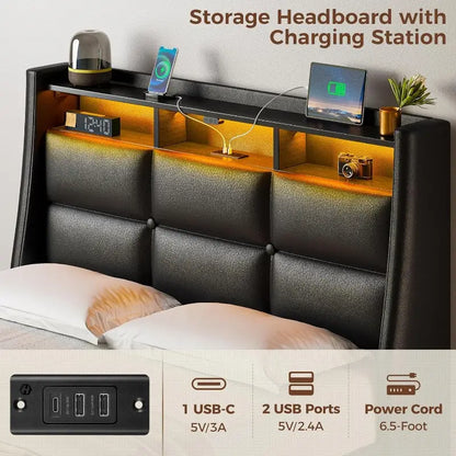 Queen Bed Frame with LED Lighting, Built-in Charging Station