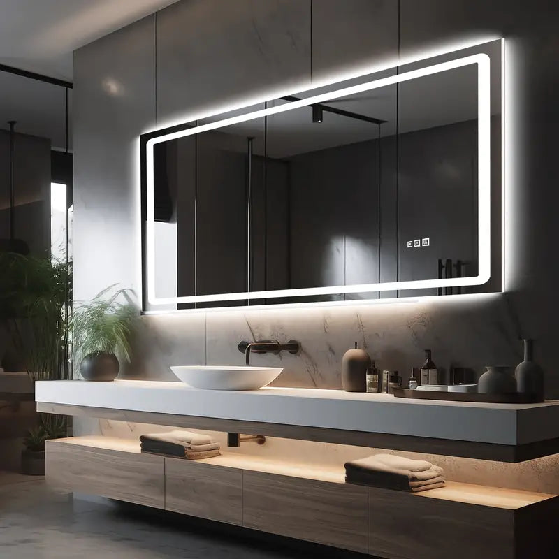 Silver Rectangle LED Bathroom Mirror - Anti-Fog, Waterproof, Wall Mounted Vanity Mirror with LED Lighting