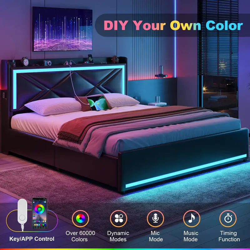 Queen Size Bed Frame with Storage Headboard and Drawers