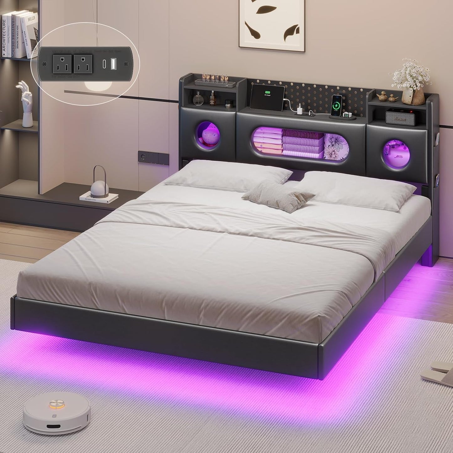 Queen Size Floating Bed Frame with Headboard, Storage, LED Lights and Charging Station