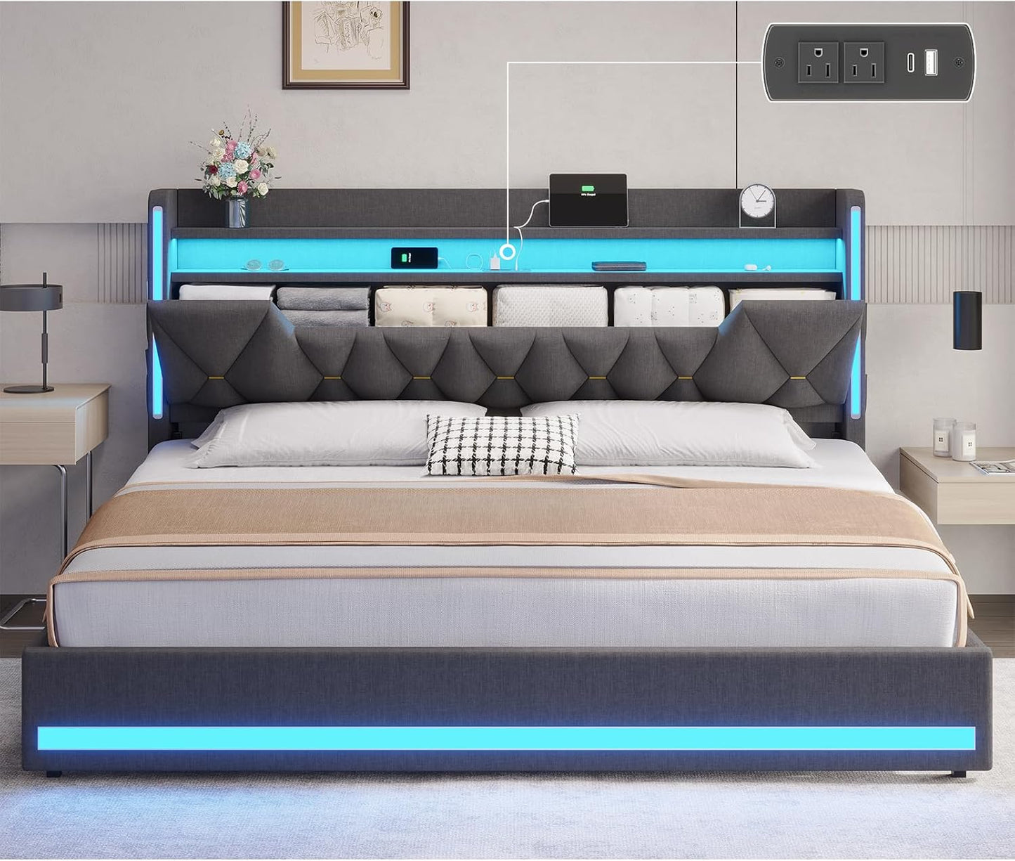 King Size Bed Frame with LED Lights & Charging Station
